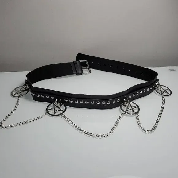 Killstar Curses Chain Belt Black Vegan Leather Silver Pentagram Chains Rock Stud - Picture 4 of 5